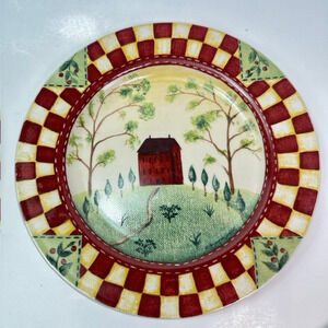 Thomson Pottery, Country Home 8" Salad Plate ,Red/White Check Border, Houses VTG